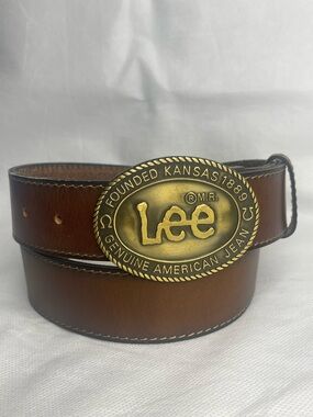 Lee Jeans Big Brass Buckle Genuine Leather Belt Size Large 32-36 Brown Gold